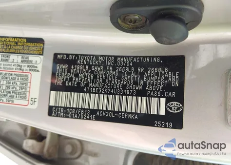 2004 Toyota Camry Le z USA, uszkodzony, nr VIN 4T1BE32K74U331873